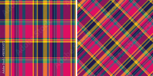 Vibrant plaid pattern featuring bold colors  classic design. Ideal for textiles, backgrounds, crafts, and design projects. Versatile, eyecatching texture.