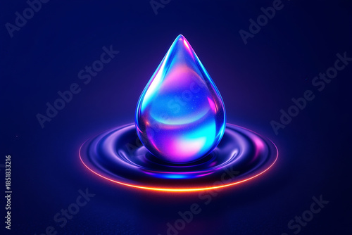 Vibrant Iridescent Liquid Drop Glowing with Neon Light for Digital Technology Innovation and Essential Data