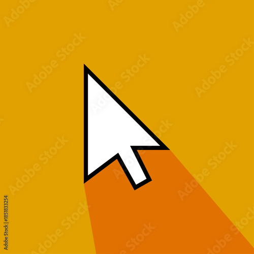 White mouse cursor arrow icon with long shadow on orange background, User interface click pointer, Modern flat design navigation element, Web software indicator graphic