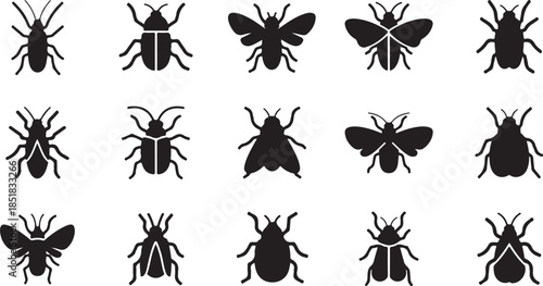 Collection of fifteen black insect icons