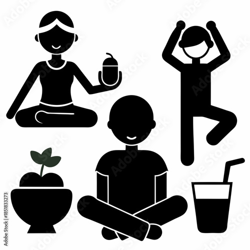 Set of yoga icons with people illustrations