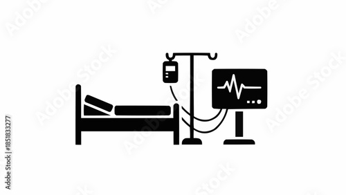 Hospital Bed With Medical Equipment And Heart Monitor Icon.
