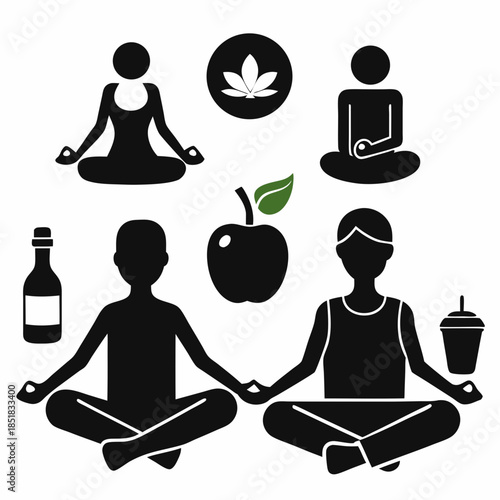 Yoga icons set with meditation and fitness illustrations