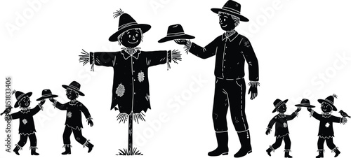 Whimsical scarecrow with children in patched clothes, festive autumn scene, stylized harvest illustration, playful symmetrical composition, rural fantasy concept