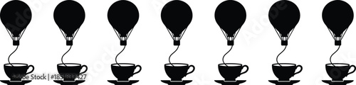 Whimsical silhouette of hot air balloons tethered to teacups, black and white illustration combining flight, tea culture, and artistic repetition