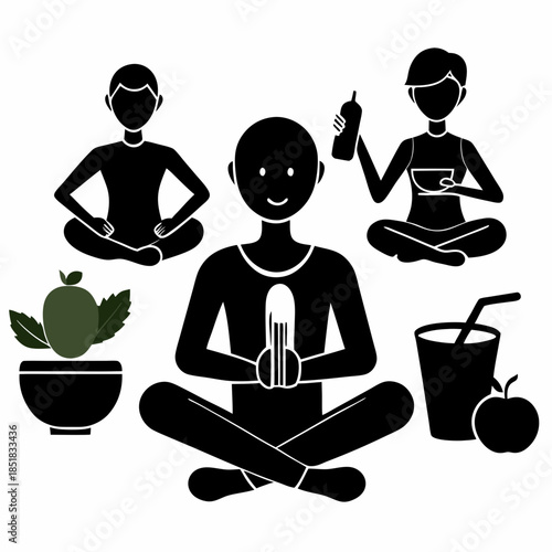 Yoga icons set with people and meditation illustrations