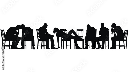 People sitting in chairs looking sad and depressed