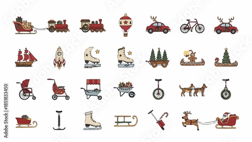 Collection of Christmas and winter themed objects and vehicles.
