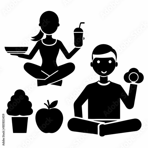 yoga icon set with people and children illustrations