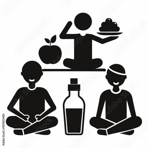 Yoga and meditation icons set with people silhouettes and fitness symbols