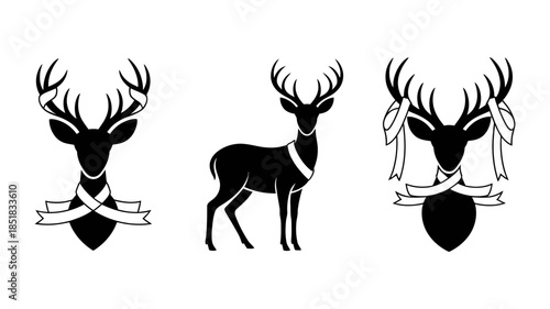Set of three black deer and reindeer silhouettes with festive ribbons