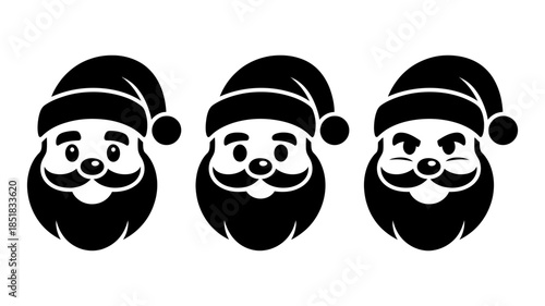 Set of three black and white santa claus head icons for holiday celebration and decoration