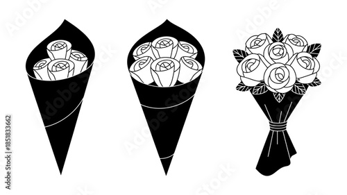 Three distinct illustrations of rose bouquets wrapped in black paper, minimalist design concept.