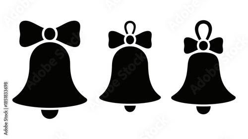 A set of three black silhouette christmas bells with bow icon vector illustration