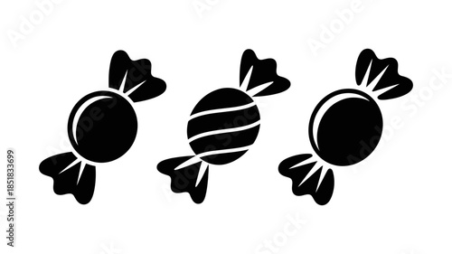 Simple black and white silhouette icon set showing three wrapped candies