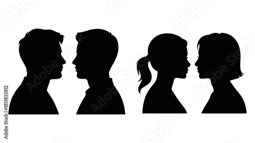 Contrasting black silhouettes of male and female profiles facing each other