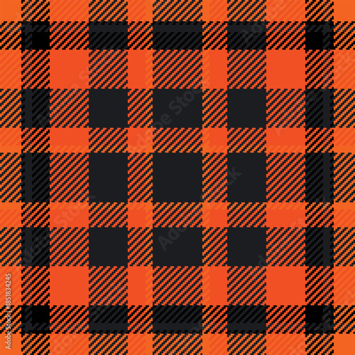Bold, pixelated plaid pattern in vibrant orange and black. Ideal for retro designs, fall themes, textiles, or digital backgrounds. Versatile, eyecatching texture.