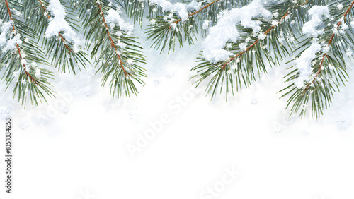 Snowy Evergreen Pine Branches with Snowflakes: A Winter Holiday Nature Background
