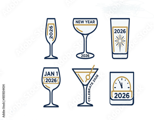 Print2026, new year, happy new year, celebration, icon, set, collection, vector, line art, bold line, two color, blue, gold, minimalist, clean, glass, champagne glass, toast, cheers, firework, gift bo