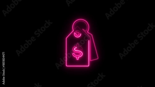 Pink Neon Price Tag with Dollar Sign on Black Background