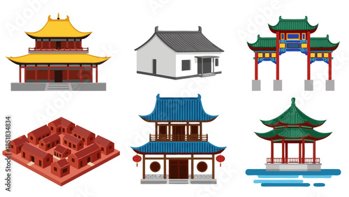 Collection of Traditional Chinese Architectural Structures, Pagodas, and Courtyard Houses Showcasing Ancient Building Styles