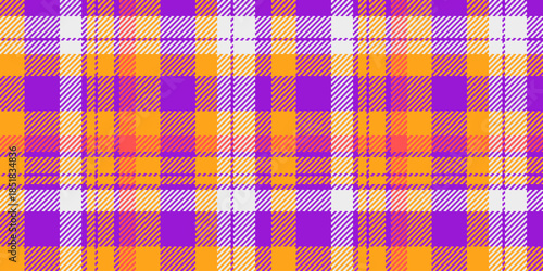 Birthday check vector texture, manufacturing background seamless pattern. Seventies tartan textile plaid fabric in purple and amber colors.