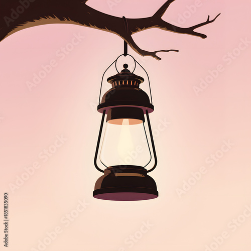 Vintage Lantern Light on Tree Branch Illustration – Tranquil Night Woodland Adventure