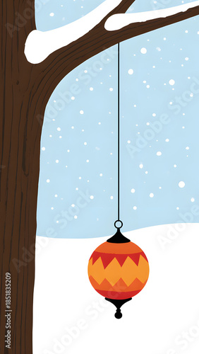 Festive Winter Tree Ornament with Snowflakes and Vibrant Colors in Peaceful Holiday Scene