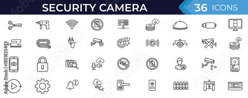 Security outline icon set. Camera, cctv, surveillance, monitor, recording, protection, control, access, system, safety outline vector illustration