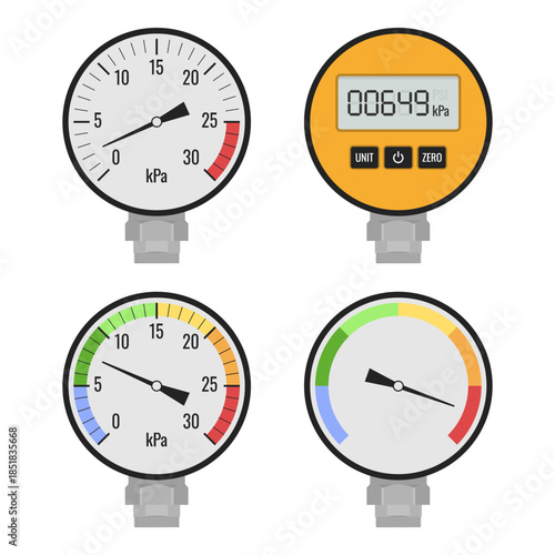 Industrial pressure gauges and digital meter. Measuring instruments for engineering diagrams, manufacturing dashboard interfaces, gas or liquid pipeline designs, and technical manuals