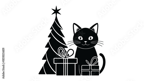 Festive black cat with Christmas tree and gifts