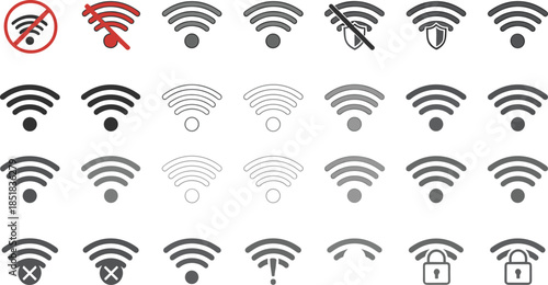 Collection of Wi-Fi signal icons featuring wireless network strength bars secure connection padlocks and no internet warning symbols for UI UX design
