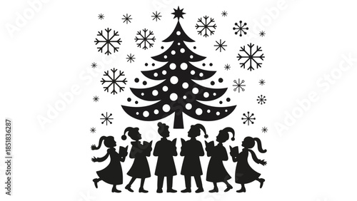 Children dancing around decorated Christmas tree in winter wonderland scene