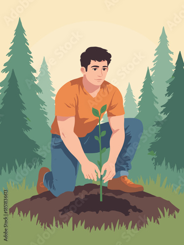Man planting a tree sapling in a stylized reforestation scene. Earthy flat colors, simple shapes, positive environmental message
