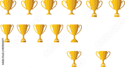 Set of 13 golden trophy cup icons in a flat design style featuring various trophy shapes and bases for sports awards business success and achievement rankings