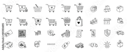 Shopping outline icon set. Cart, basket, bag, purchase, payment, checkout, retail, store, ecommerce, commerce line vector illustration