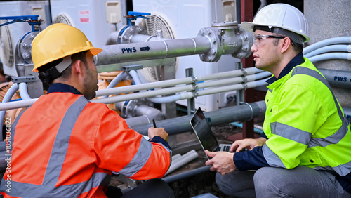 A specialist engineer and an inspector are jointly checking everything is in order after the technicians have repaired the pipes and high-pressure water pump system.