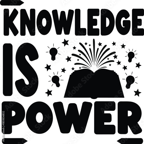 This striking graphic emphasizes the message "Knowledge is Power," featuring a vibrant open book from which lightbulbs and stars emerge. The design symbolizes the enlightening nature of knowledge and 