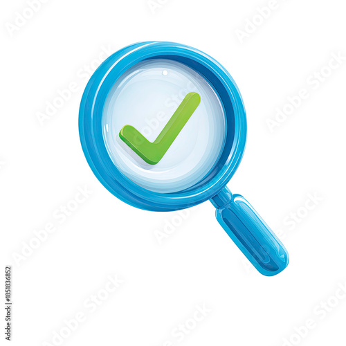 3D Magnifying Glass with Green Checkmark Icon Symbolizing Approval and Verification Isolated on Transparent Background