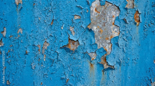 Peeling blue paint revealing rusty metal and concrete, showing decay and weathered texture on surface