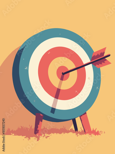 A stylized target with an arrow hitting the bullseye. Flat vector design, goal achievement concept