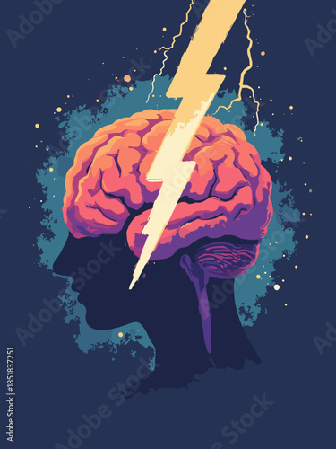 A flat vector illustration of a brain with a lightning bolt, representing brainstorming or creative ideas. Clean lines, modern style