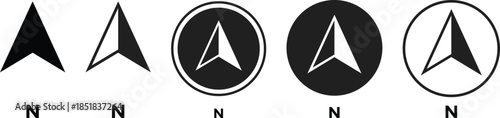 north direction icon set. Compass north symbols. Downward arrow graphic design. Map and location indicators. Down arrow symbols
