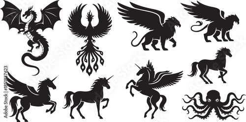 Fantasy mythical creature silhouette icons set