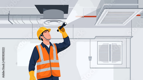 Worker Inspecting Ceiling Systems with Flashlight.
