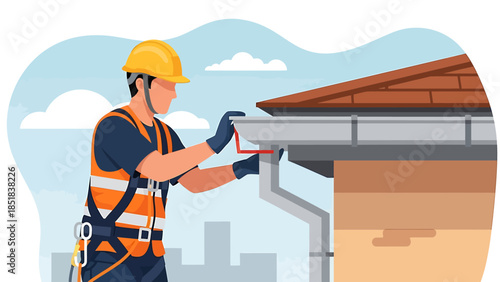 Worker installing a gutter on a building exterior.