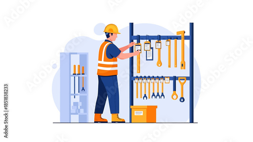 Worker in safety vest and hard hat selecting tools from rack.