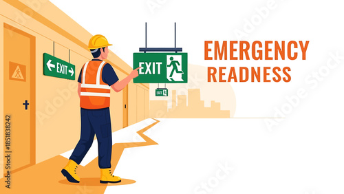 Worker in safety vest and hard hat heading towards exit sign.