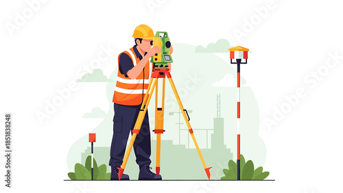Surveyor using total station equipment for land measurement.