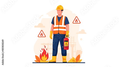 Firefighter in safety gear holding a fire extinguisher ready for action.